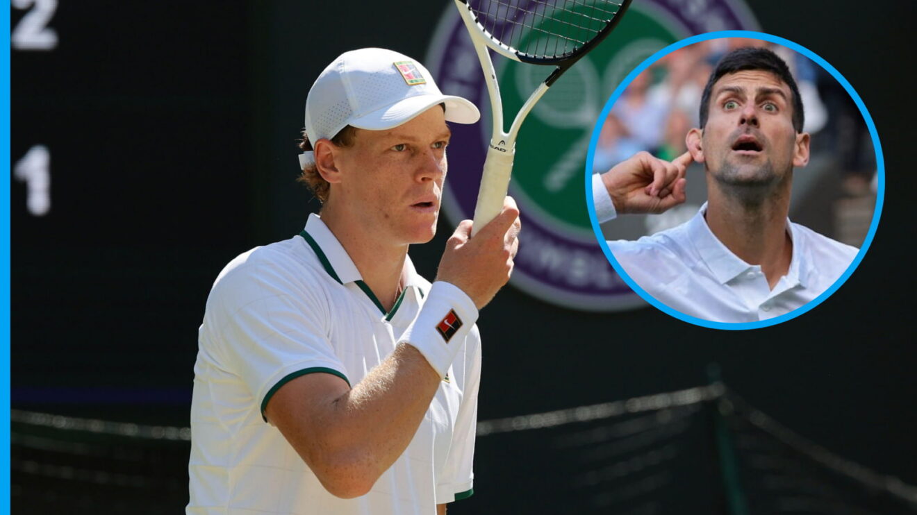 Pictured: Jannik Sinner prepares to receive, with Novak Djokovic putting his finger to his ear at Wimbledon (inset)