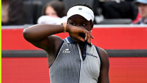 Pictured: Victoria Mboko reacts during a match