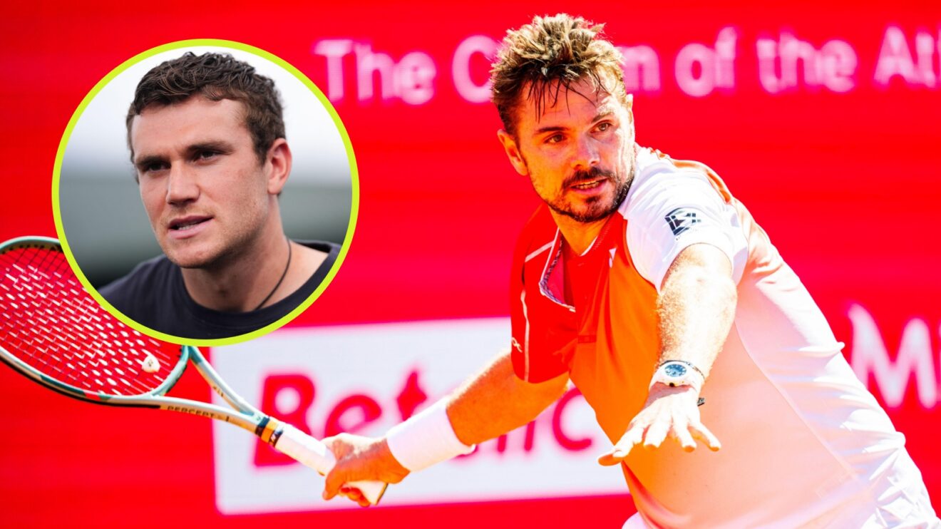 Stan Wawrinka at the 2026 Estoril Open with an inset of Jack Draper