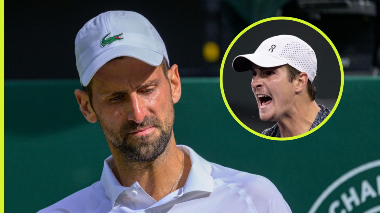 Pictured: Novak Djokovic looks down, with a roaring Joao Fonseca (inset)