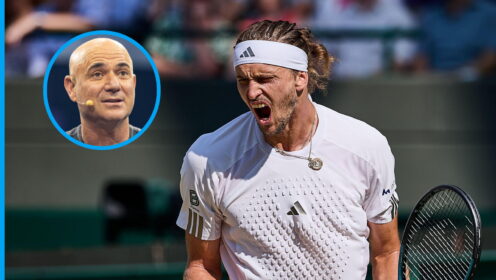 Pictured: Andre Agassi (inset) and a roaring Alexander Zverev