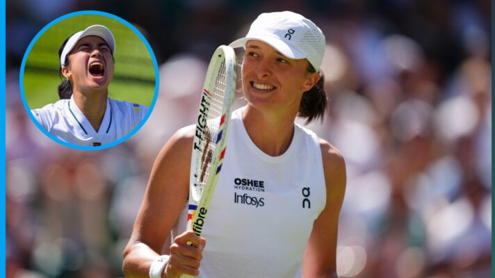 Iga Swiatek at Wimbledon 2026 with an inset of Alex Eala