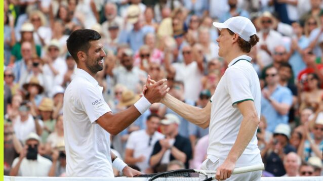 Jannik Sinner and Novak Djokovic shaking hands of the Wimbledon 2025 semi final