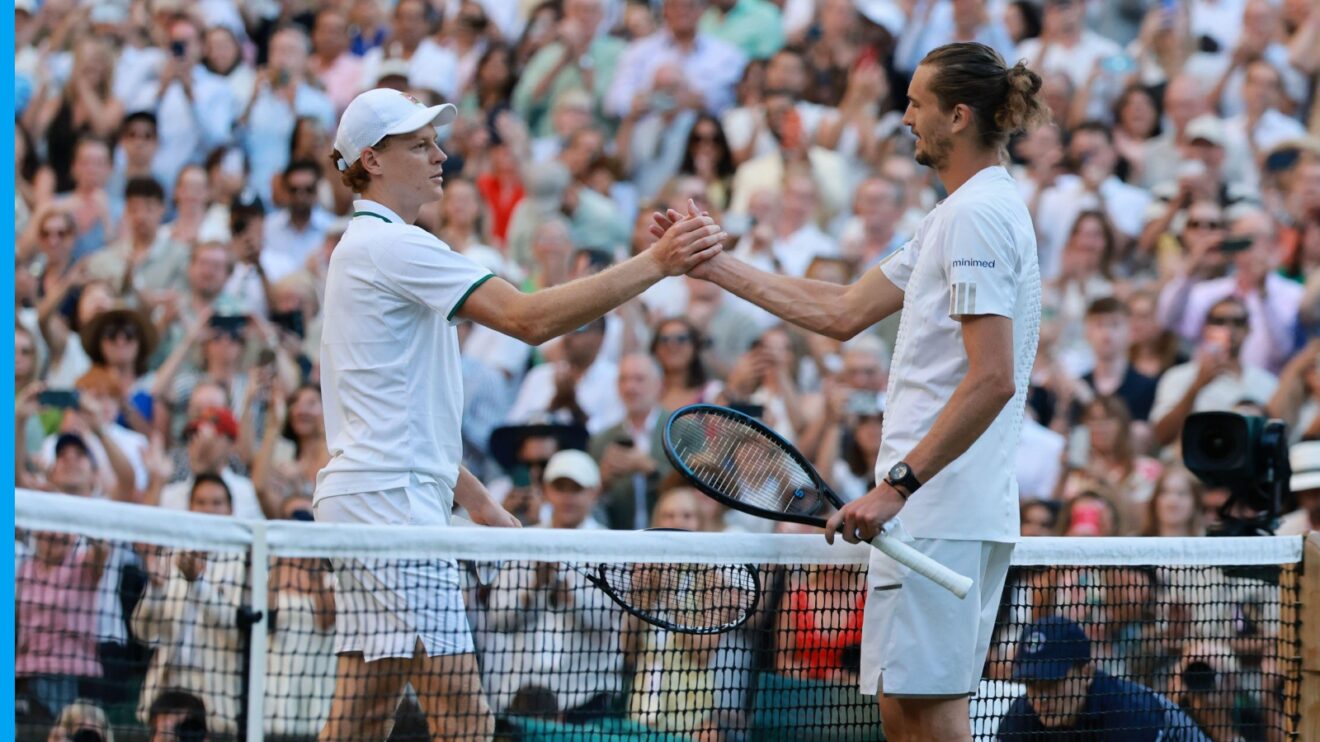 Jannik Sinner and Alexander Zverev shaking hands in the Wimbledon 2026 final