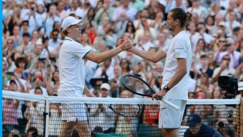 Jannik Sinner and Alexander Zverev shaking hands in the Wimbledon 2026 final
