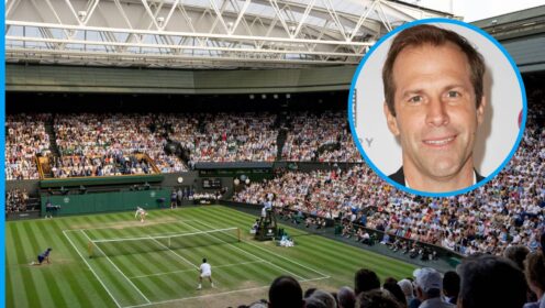 Pictured: Wimbledon Centre Court and Greg Rusedski (inset)