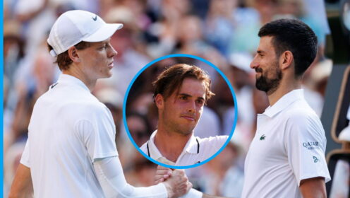 Pictured: Jannik Sinner and Novak Djokovic shake hands, with Arthur Fery (inset)