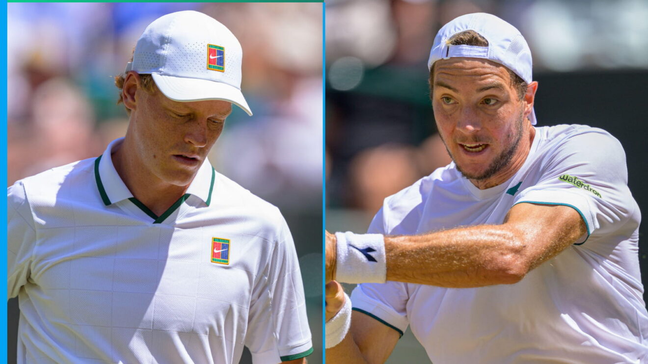 Pictured: Jannik Sinner looks dejected, next to Jan-Lennard Struff during their Wimbledon match