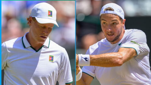Pictured: Jannik Sinner looks dejected, next to Jan-Lennard Struff during their Wimbledon match