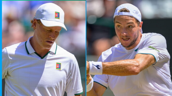 Pictured: Jannik Sinner looks dejected, next to Jan-Lennard Struff during their Wimbledon match