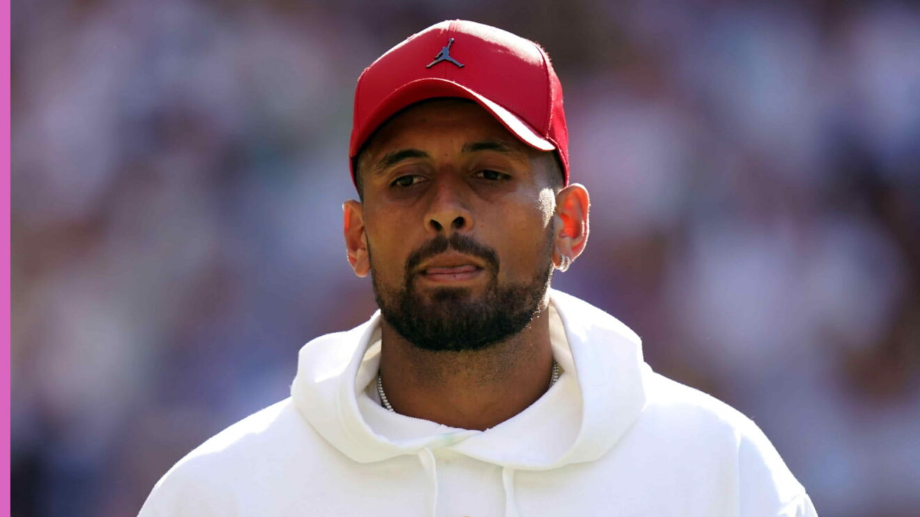 Pictured: Nick Kyrgios looks on at Wimbledon