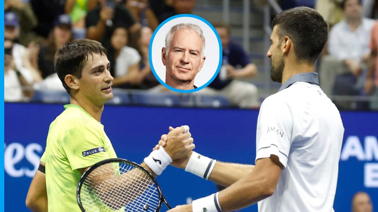 Pictured: Mariano Navone shakes hands with Novak Djokovic, with John McEnroe (inset) at the US Open