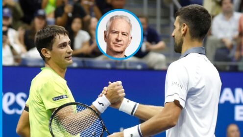Pictured: Mariano Navone shakes hands with Novak Djokovic, with John McEnroe (inset) at the US Open