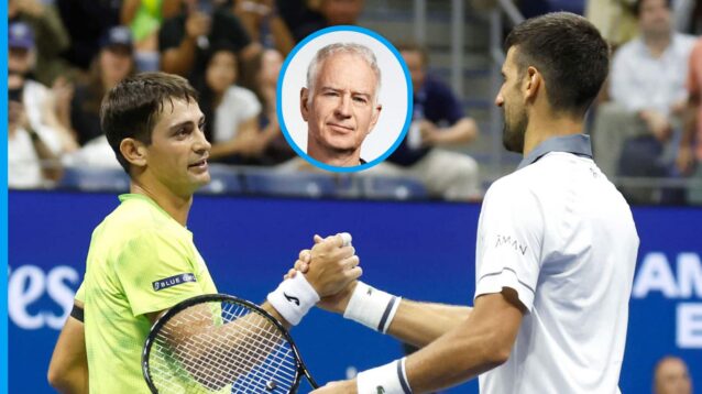 Pictured: Mariano Navone shakes hands with Novak Djokovic, with John McEnroe (inset) at the US Open