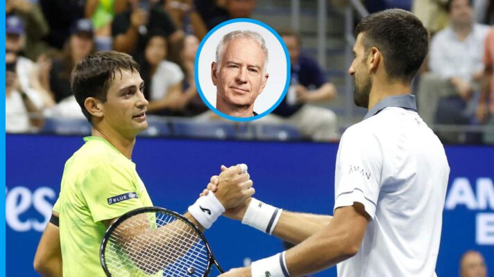 Pictured: Mariano Navone shakes hands with Novak Djokovic, with John McEnroe (inset) at the US Open