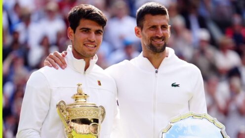Pictured: Carlos Alcaraz and Novak Djokovic at Wimbledon