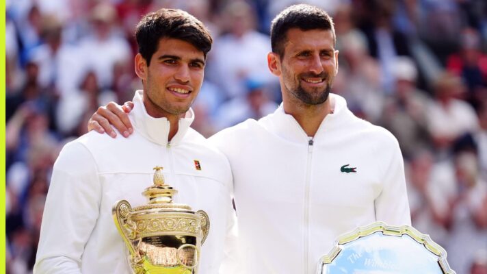 Pictured: Carlos Alcaraz and Novak Djokovic at Wimbledon