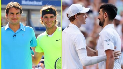 Pictured: Roger Federer and Rafael Nadal, with Jannik Sinner and Novak Djokovic