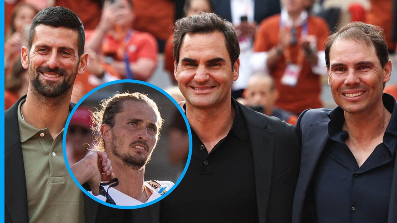 Pictured: A smiling Novak Djokovic, Roger Federer and Rafael Nadal, with Alexander Zverev (inset)