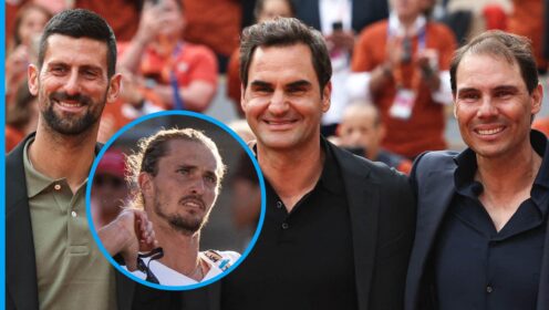 Pictured: A smiling Novak Djokovic, Roger Federer and Rafael Nadal, with Alexander Zverev (inset)