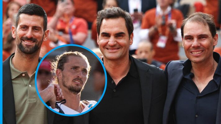 Pictured: A smiling Novak Djokovic, Roger Federer and Rafael Nadal, with Alexander Zverev (inset)