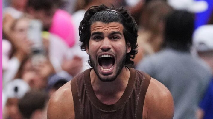 Pictured: Carlos Alcaraz celebrates his US Open first round win