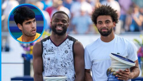Pictured: Carlos Alcaraz (inset), with Cincinnati Open finalists Frances Tiafoe and Arthur Fils