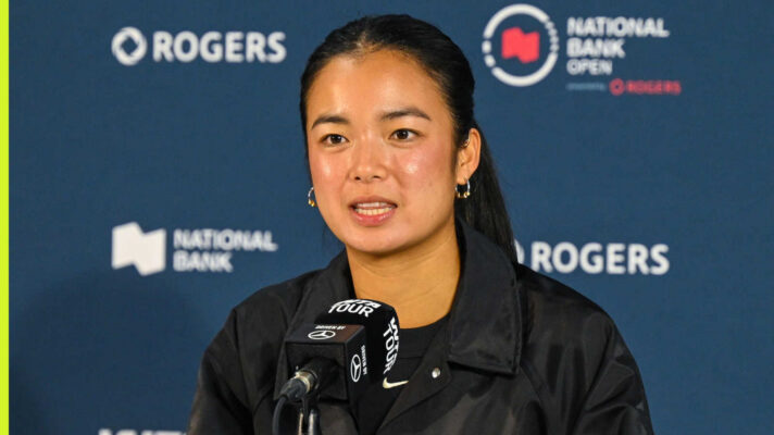 Pictured: Alex Eala talks to the media during her press conference