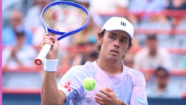 Pictured: Alex de Minaur reacts during a match