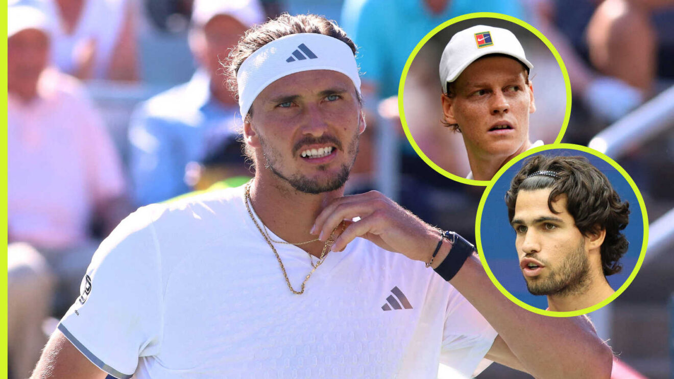 Pictured: Alexander Zverev with insets of Jannik Sinner and Carlos Alcaraz