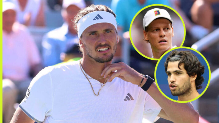 Pictured: Alexander Zverev with insets of Jannik Sinner and Carlos Alcaraz