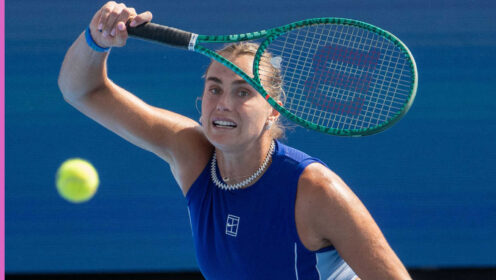 Pictured: Aryna Sabalenka plays a shot