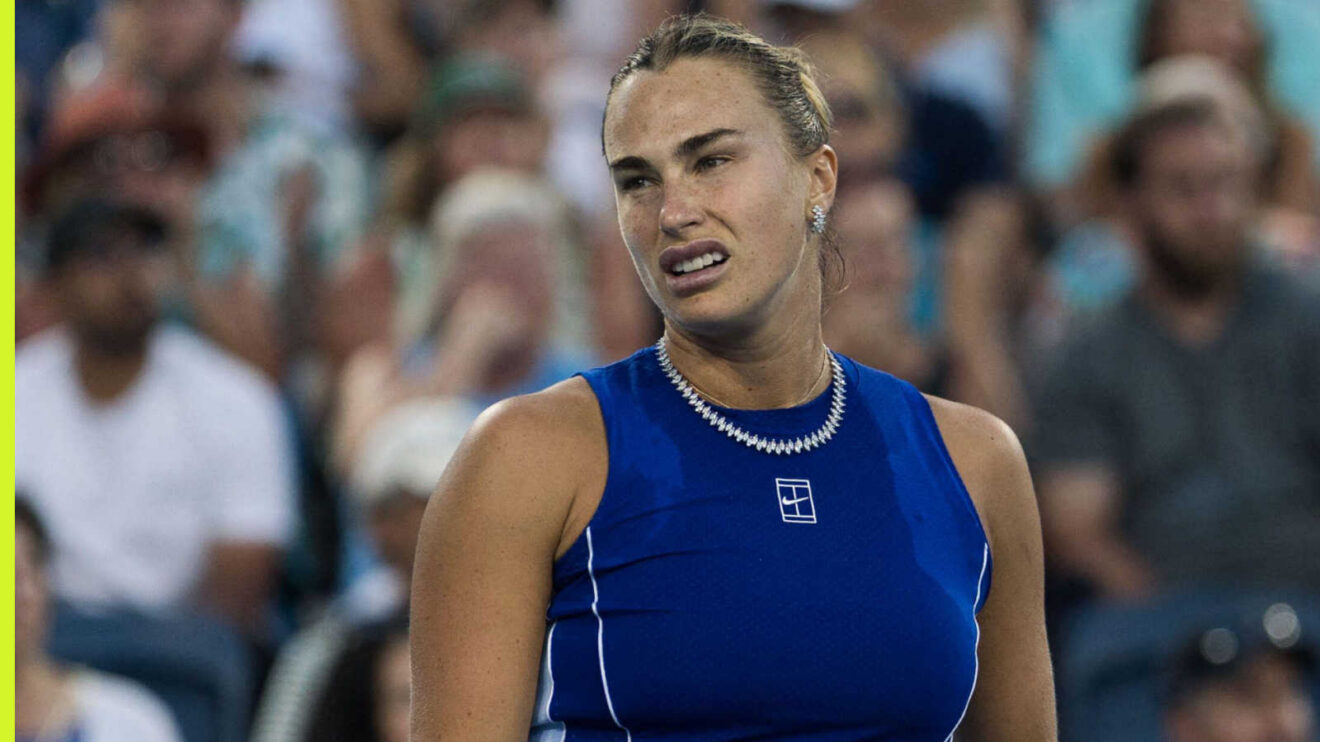 Pictured: Aryna Sabalenka reacts during a match