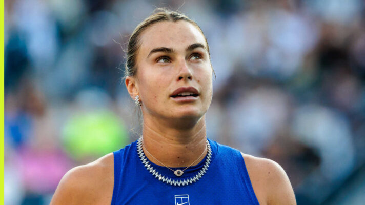 Pictured: Aryna Sabalenka reacts during her match