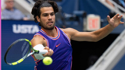 Pictured: Carlos Alcaraz plays a shot