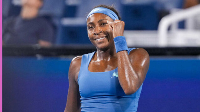 Pictured: Coco Gauff celebrates during her match