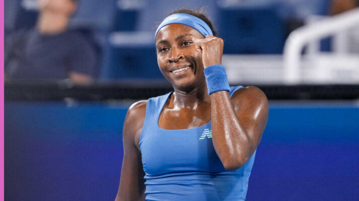 Pictured: Coco Gauff celebrates during her match