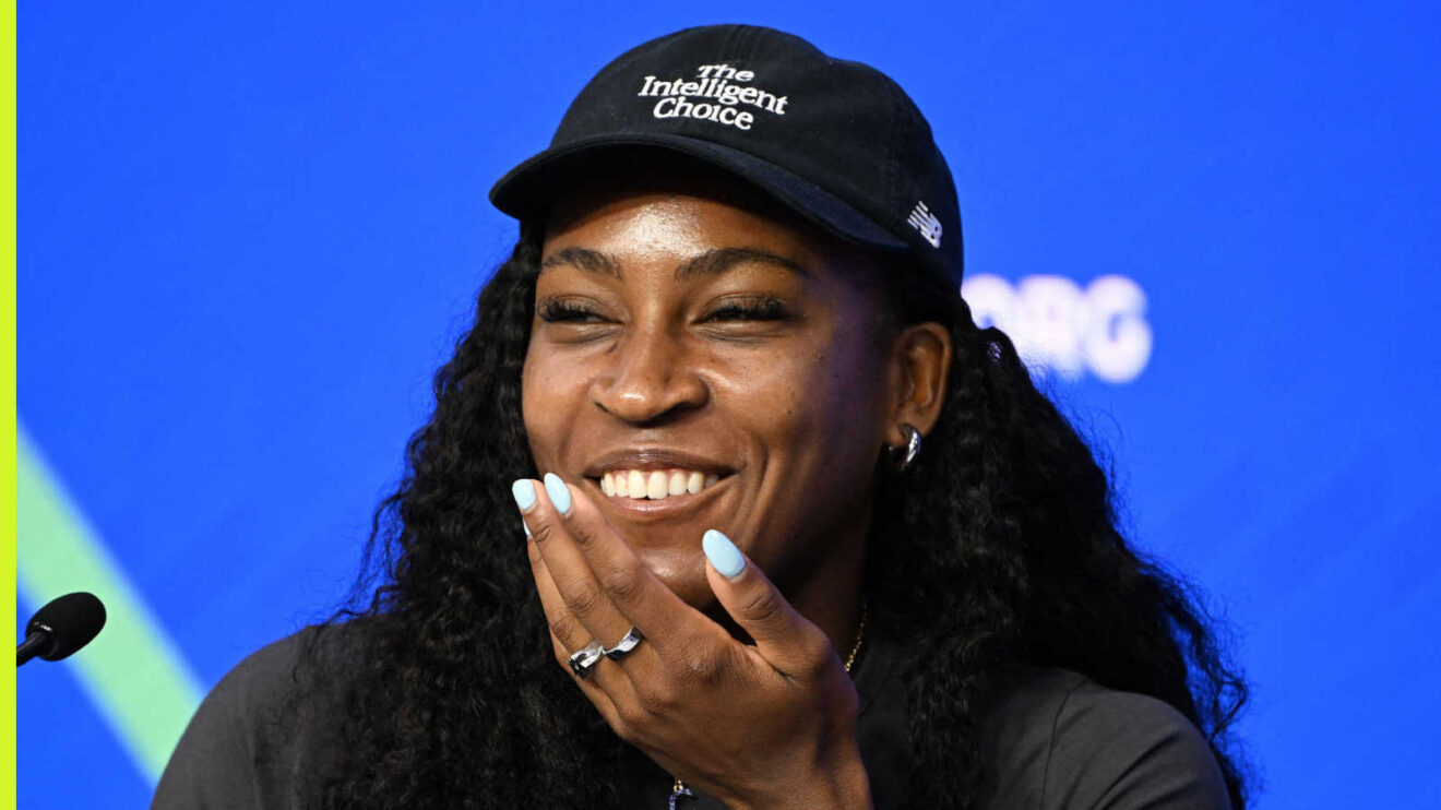 Pictured: Coco Gauff jokes during a press conference