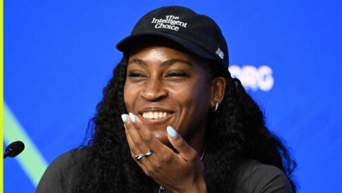 Pictured: Coco Gauff jokes during a press conference