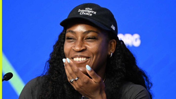 Pictured: Coco Gauff jokes during a press conference