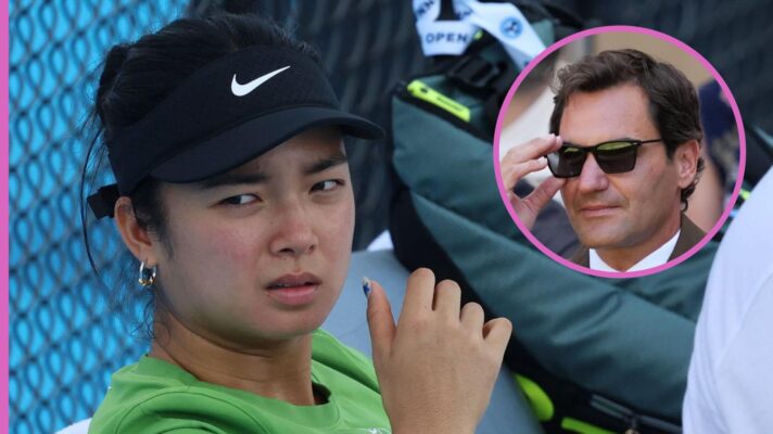 Pictured: Alex Eala looks on, with Roger Federer (inset)