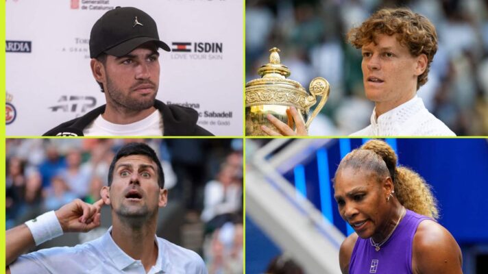 Pictured: Carlos Alcaraz, Jannik Sinner, Novak Djokovic, and Serena Williams
