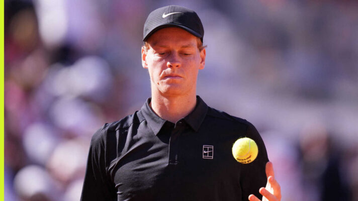 Pictured: Jannik Sinner reacts during a match