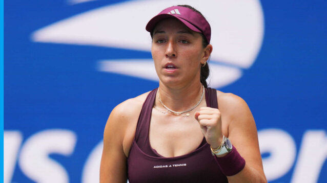 Pictured: Jessica Pegula reacts during her match