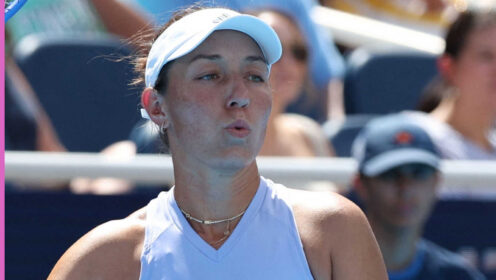 Pictured: Jessica Pegula reacts during her match
