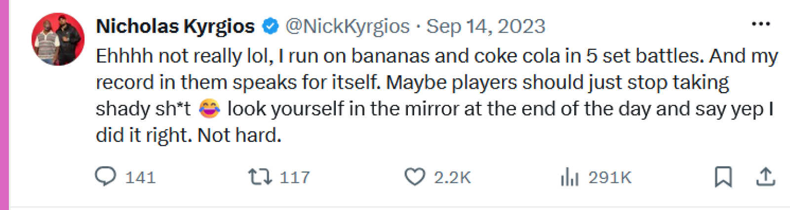 Pictured: Nick Kyrgios X reply in September 2023