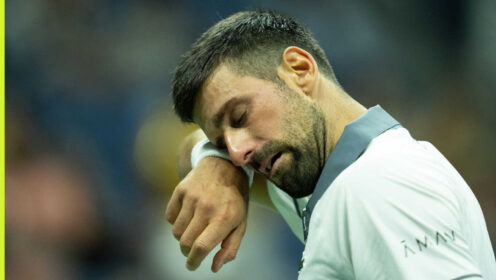 Pictured: Novak Djokovic reacts during his match