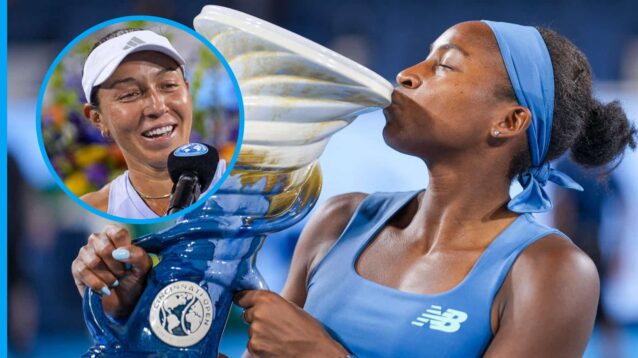 Pictured: Coco Gauff kisses the Cincinnati trophy, with a smiling Jessica Pegula inset