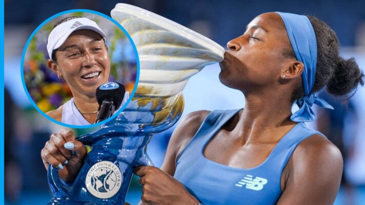 Pictured: Coco Gauff kisses the Cincinnati trophy, with a smiling Jessica Pegula inset