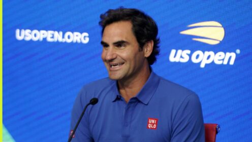 Roger Federer speaks to the media